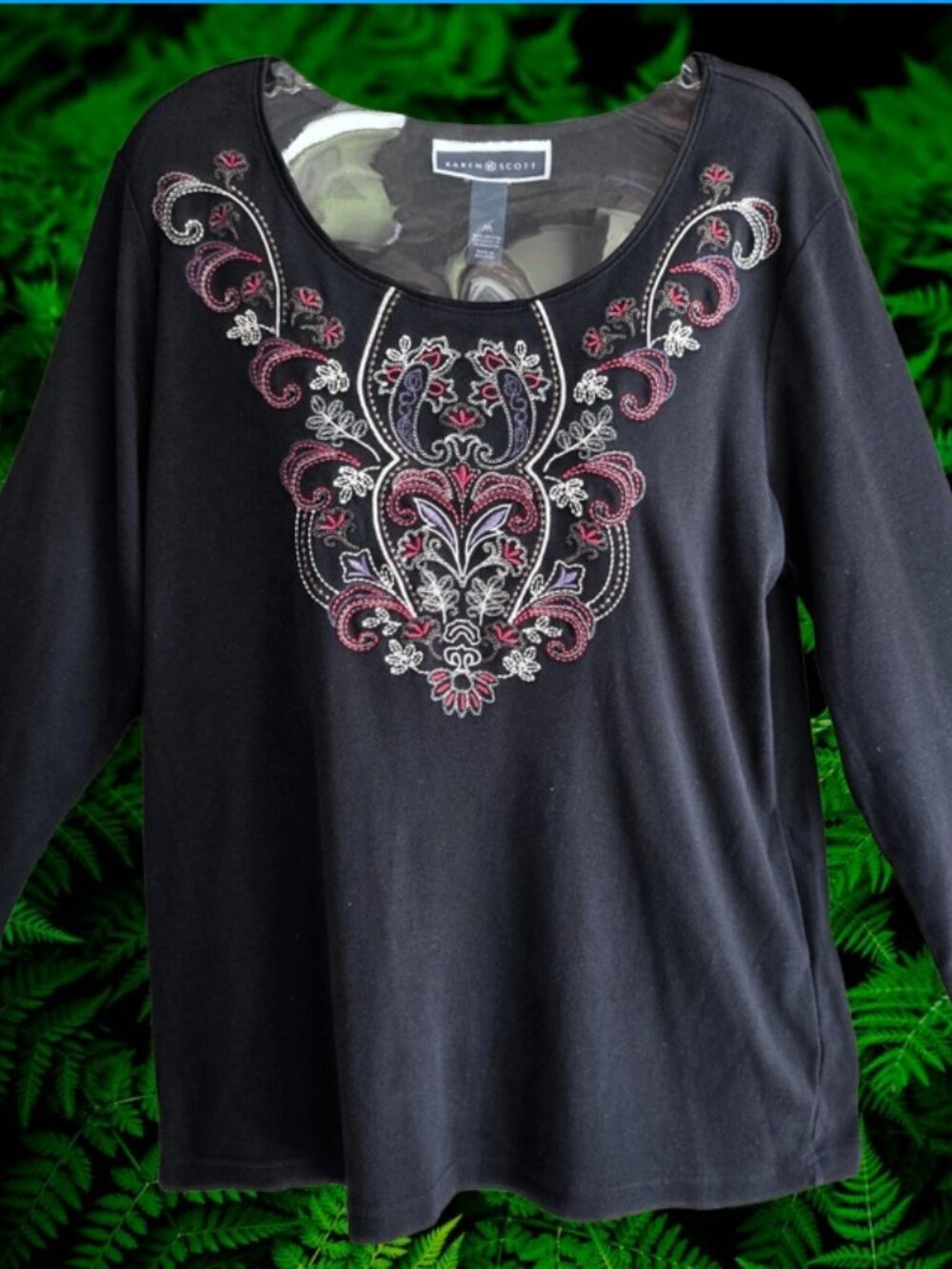Karen Scott Womens Top Blouse 3/4 Sleeves Embroidered Front Cotton Black Size M